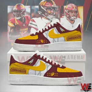 Washington Commanders themed burgundy and gold sneakers with team graphics!