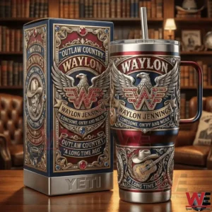 Waylon Jennings themed handled tumbler with straw next to a matching gift box!