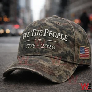 Camouflage cap with We The People text and American flag patch!