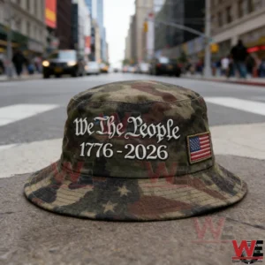 Camo bucket hat with We The People text placed on a city street!