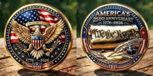 Front view of an American commemorative coin with a golden eagle and United States flag!