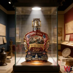 A commemorative American themed bottle displayed in a glass case inside a museum! v