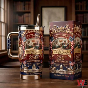 Metal tumbler with patriotic artwork celebrating two hundred fifty year United States anniversary on a wooden table!