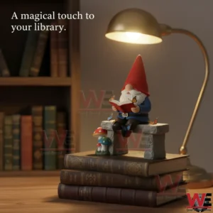 Gnome figurine reading on books under a desk lamp with butterflies!