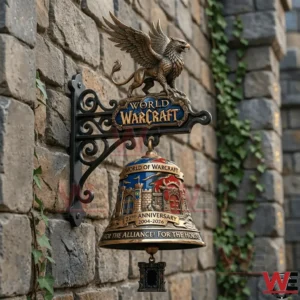 World of Warcraft wall mounted commemorative bell with gryphon topper on a stone wall!