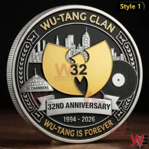 A commemorative coin showing a gold Wu Tang symbol with city skyline music elements and anniversary theme!