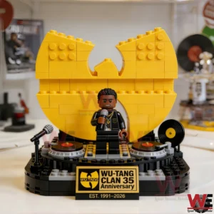 Building brick Wu Tang Clan anniversary display with DJ figure turntables microphones and large yellow logo!