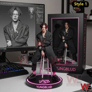 Yungblud resin figurine seated on stool with display box and design screen.