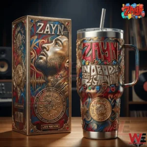 Decorative Zayn themed insulated tumbler with handle and matching display box on a table!