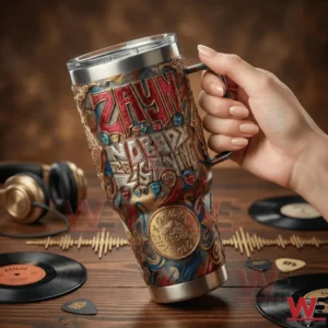 Hand holding a Zayn themed insulated tumbler in a music themed setting!
