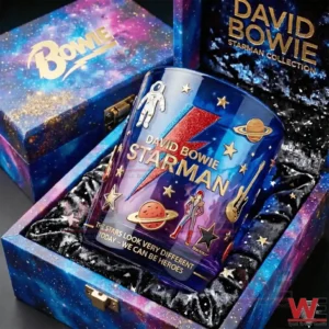 A David Bowie starman themed glass placed inside a galaxy style gift box with space decorations!
