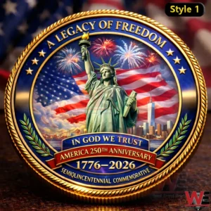 Commemorative coin design with the Statue of Liberty American flag fireworks and America two hundred fifty anniversary text!