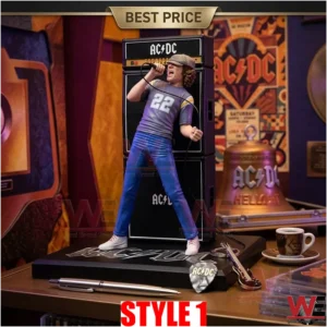 A detailed photograph from a low angle shows a high quality collectible figure of Bon Scott of AC DC singing on stage with a stack of black amplifiers behind him! He is in mid performance with his mouth open and microphone near his face wearing a grey jersey with number 22 and blue jeans! The stage has a metallic AC DC logo on the floor! Around the base on a wooden desk are small accessories like a miniature guitar pick a silver pen and a coffee cup on a saucer and a promotional bell! The background is a decorated rock room wall with framed music awards and an AC DC concert poster! A yellow Best Price label hangs from the top!
