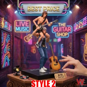 A high end product shot displays a dynamic collectible statue of Bon Scott with Angus Young on his shoulders performing! They are on a stage base within a diorama of a dark brick alley! Surrounding them are colorful neon signs for LIVE MUSIC and THE GUITAR SHOP along with several vintage acoustic and electric guitars! In the top center hangs a large metal Best Price banner! The foreground includes a hand with a concert ticket and small items on an ornate table!