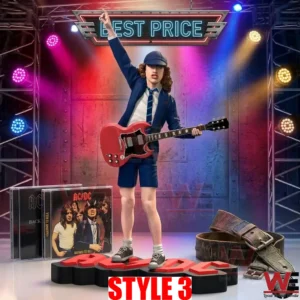 A dynamic photograph shows a collectible figure of Angus Young of AC DC in a schoolboy outfit playing a red SG guitar with his fist raised! He is on a stage base with a large red AC DC logo! Behind him is a full stage lighting rig with colorful spotlights and a truss! CD cases and a leather belt are at his feet! Above hangs a neon sign with lightning bolts that reads BEST PRICE! The scene is energetic and brightly lit!