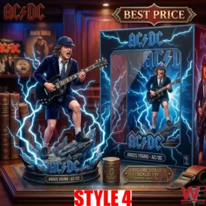 A premium display features a detailed collectible figure of Angus Young from AC DC on a rocky base with glowing blue electric lightning effects! He is wearing his schoolboy uniform and shredding a black SG guitar! Next to him is a collector s box with lightning art! A small metal can and a scale plaque are on the display stand which reads ANGUS YOUNG AC DC! Old books and gold records fill the library background under a hanging Best Price sign! The lighting is dramatic and highlights the electric effects!