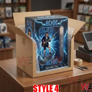 A high quality photo shows a cardboard box filled with bubble wrap from which a premium AC DC Angus Young figure box is being lifted! The blue and lightning themed collector s box is labeled ANGUS YOUNG AC DC with a BEST PRICE banner visible! A utility knife and packaging tape sit on the wooden counter next to a modern register! The background is a softly blurred retail shop shelf with more collectibles! The lighting is practical and even!