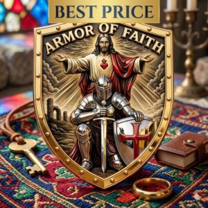 Shield badge with Jesus and kneeling knight on tapestry!