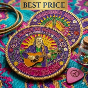 Vibrant Country Joe McDonald commemorative coins on colorful tapestry with guitar pick!