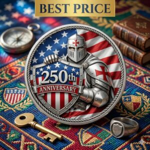 A central, high-relief silver coin with a knight holding a shield that reads 250th ANNIVERSARY against an American flag motif, resting on a woven tapestry among vintage objects like a compass, key, ring, and books.
