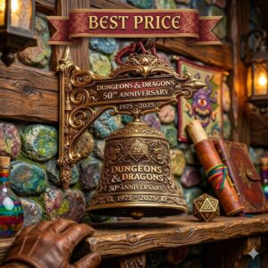 A detailed close up photograph shows a commemorative golden bronze bell and hanging plaque mounted on a stone wall! The plaque reads DUNGEONS & DRAGONS 50TH ANNIVERSARY 1975 2025 and features an etched red dragon! Below it hangs a detailed bell featuring an engraved D20 and more anniversary text! Directly above the entire assembly is a red ribbon banner with the gold text BEST PRICE! On a shelf below the bell are various adventuring items including a gold 20 sided die a leather rolled up scroll old books a glass bottle and a leather gloved hand on the bottom left corner! Warm light comes from two nearby lanterns!