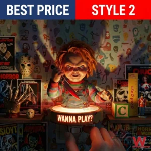 Chucky horror night light plugged into a wall with a dark cinematic lighting and a promotional banner at the top!