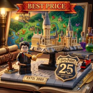 A brick building set celebrating 25 years of Harry Potter with a mini Hogwarts castle and Harry Potter figure.