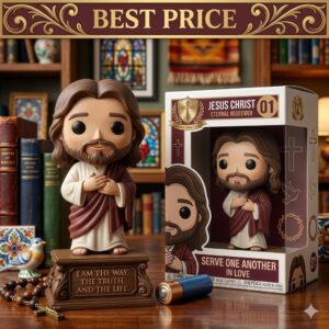 A collectible figure of Jesus Christ on a base with a quote next to its original box and a rosary!
