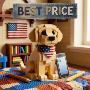 A brick build yellow Labrador puppy sitting on a colorful knitted rug next to pencils and a smartphone wearing an American flag bandana!