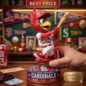 A close up shot of a St. Louis Cardinals mascot bobblehead figure on a spring mounted base! The figure is red and wears a baseball uniform while holding a wooden bat in a batting stance! A large hand reaches into the frame from the right side to hold the base! There is a silver plaque next to the base that reads Approx 18cm! The background is a sports themed room with pennants from various teams like the Tigers!