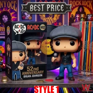 Brian Johnson collectible figure in a flat cap holding a microphone standing next to a branded box on a shelf!