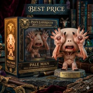 A 20th anniversary collector edition vinyl figure of the Pale Man from Pans Labyrinth standing next to its decorative packaging box.