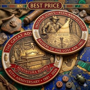 Detailed anniversary coins for Indiana Jones resting on a colorful stone mosaic with ancient Egyptian themed decorations!