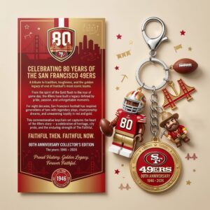 A collector's keychain set for the 49ers 80th anniversary beside an anniversary information card on a plain background.