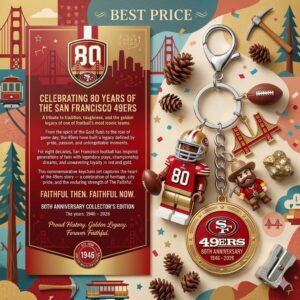 A 49ers keychain set with a player figure and other charms next to an anniversary information card on a patterned background.