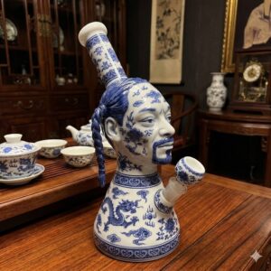 A blue and white porcelain bong shaped like the head of Snoop Dogg resting on a wooden table next to tea cups!