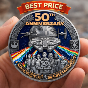 Star Wars themed collector coin with characters spaceships and a central spacecraft design celebrating the epic galactic adventure!