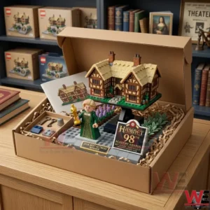 A detailed LEGO minifigure of an actress in an elaborate green and gold Elizabethan gown stands on a cobblestone base holding a miniature golden award statuette! Behind her, a complex LEGO model of a traditional English half-timbered cottage with a thatched roof is prominently displayed! To her right is a black and gold informational plaque about Hamnet and the Academy Awards, and in front is a small gold-finished brick with text! The scene is on a desk with old books, an inkwell, and a large key in the background!