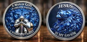 Christian challenge coin with blue lion and faith message on both sides!