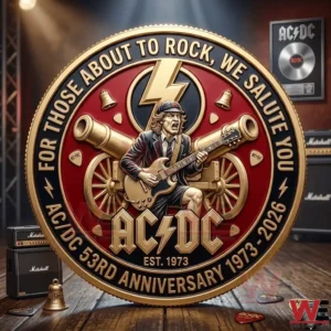 AC DC anniversary coin design with guitarist and cannons on a stage!