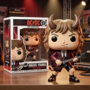Horned Angus Young style vinyl figure with guitar beside collector box on a stage!