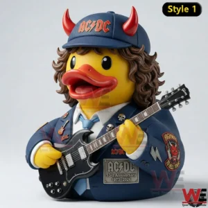 Yellow ACDC duck figure holding a black guitar!