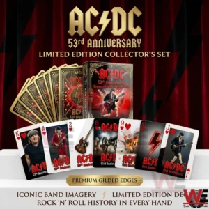 ACDC 53rd Anniversary playing cards and collector box displayed on a white stand against red curtains!