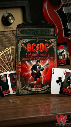 A detailed view of the ACDC anniversary card box with Angus Young on the cover sitting on a wooden desk!