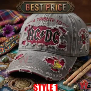 Detailed product shot of a distressed grey and red AC DC tribute baseball cap!