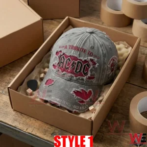 An open cardboard box containing the grey and red AC DC baseball cap!