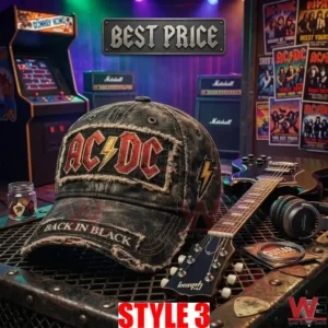 A black distressed AC DC cap on a stand with a guitar and headphones!