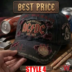 Close up of a person holding the brim of a black AC DC cap!