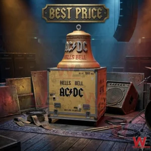 Replica bronze AC DC Hells Bell sitting on a yellow road case on a concert stage with amplifiers!