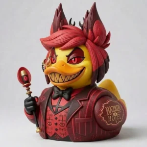Yellow duck figure with red hair and red suit inspired by Hazbin Hotel!